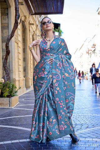 Sky Blue Digital Print Satin Crepe Saree