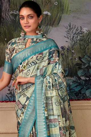 SKY BLUE HANDLOOM TUSSAR WITH DIGITAL PRINT SAREE