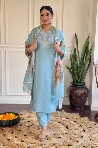 Sky Blue Viscose Chanderi Embroidered Stright Kurta Set