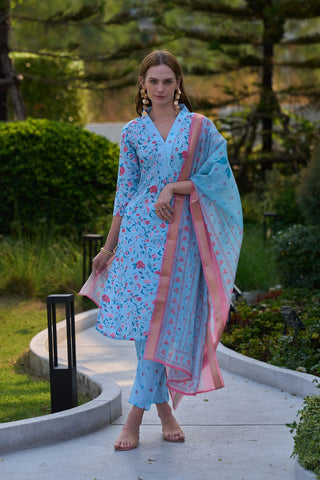 Sky Blue Tissue With Floral Print and Embroidery Kurta Set
