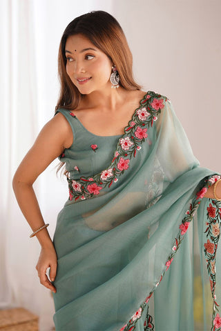 Sky Blue Gold Crush With Multi Embroidery Work Saree_Kumari Sarees