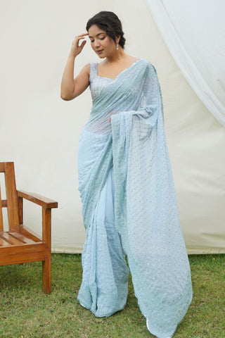 SKY BLUE GEORGETTE SILK SAREE