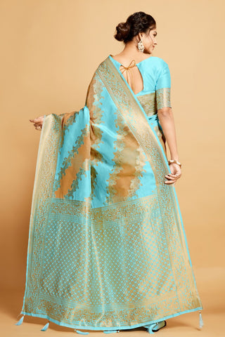 Sky Blue Linen Jamdani Banarasi Saree