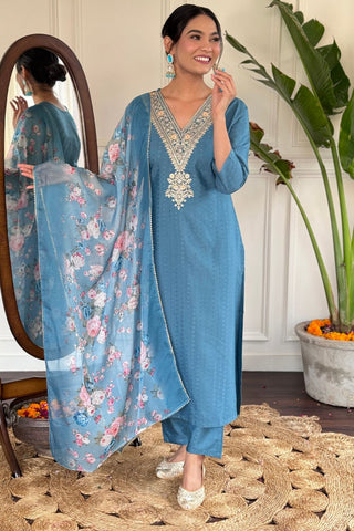 Sky Blue Viscose Reyon Embroidery With Kurta Set_Kumari Sarees