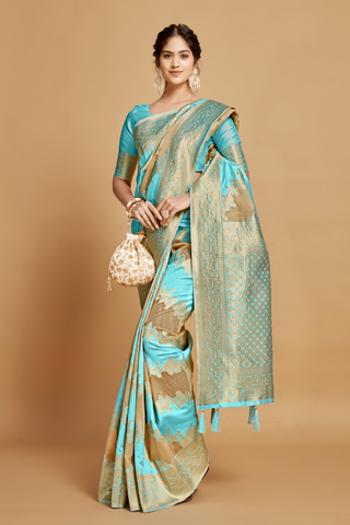 Sky Blue Linen Jamdani Banarasi Saree