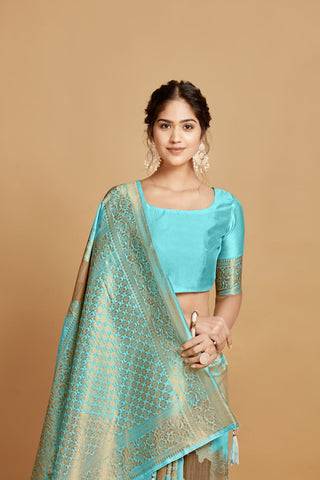 Sky Blue Linen Jamdani Banarasi Saree