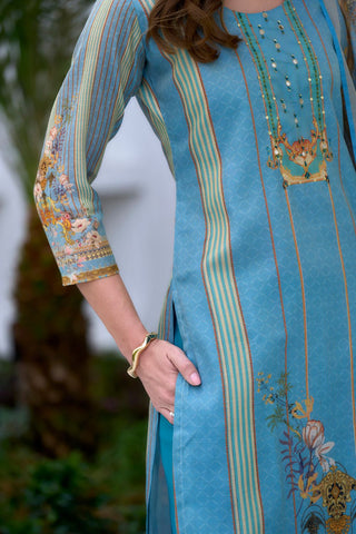 Sky Blue Vatican Silk Blend With Embroidery Kurta Set_Kumari Sarees