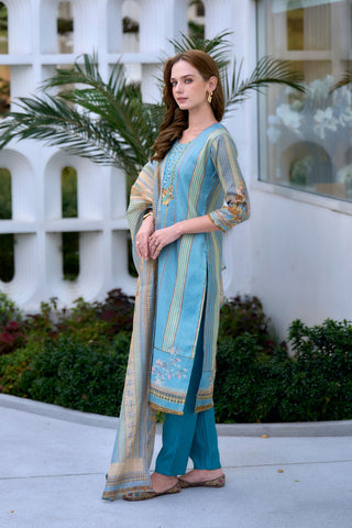 Sky Blue Vatican Silk Blend With Embroidery Kurta Set_Kumari Sarees