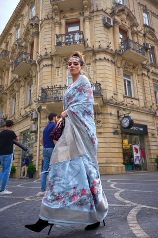 Sky Blue Printed Poly Brasso Handloom Weaving Saree