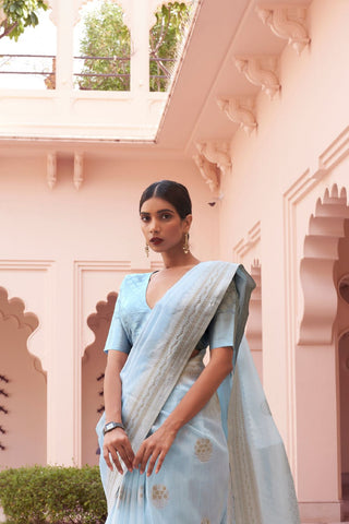 SKY BLUE PURE LINEN WEAVING SAREE