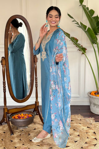 Sky Blue Viscose Reyon Embroidery With Kurta Set_Kumari Sarees