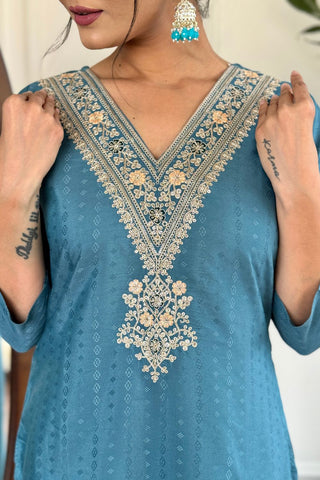 Sky Blue Viscose Reyon Embroidery With Kurta Set_Kumari Sarees
