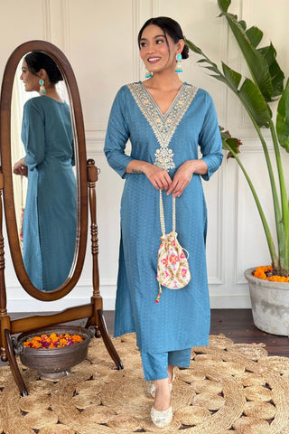 Sky Blue Viscose Reyon Embroidery With Kurta Set_Kumari Sarees