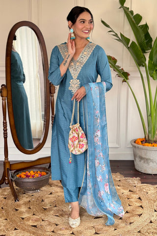 Sky Blue Viscose Reyon Embroidery With Kurta Set_Kumari Sarees