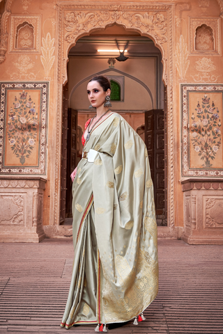 Light Grey Pure Satin With Zari Weaving Saree