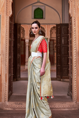 Light Grey Pure Satin With Zari Weaving Saree