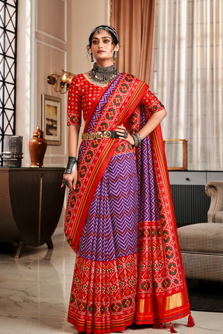 Purple & Red Pure Tussar Patola Saree With Patola Print