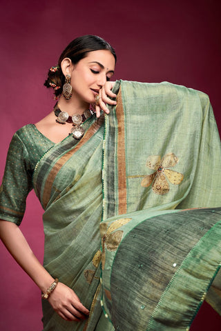 Teal Blue Tussar Saree with Hand based Work