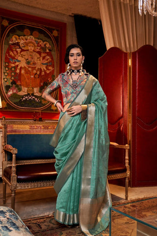 Teal Blue Chiffon Handloom Weaving Saree_Kumari Sarees