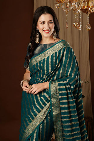 Teal Green Pure Georgette with Gold Zari Work_Kumari Sarees