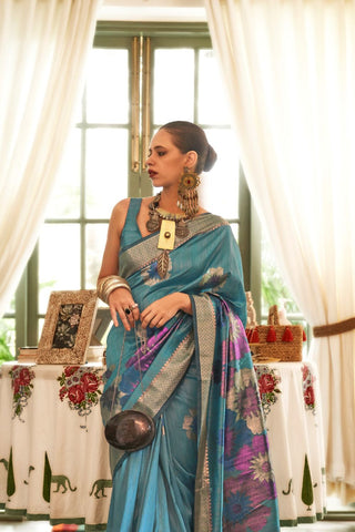 TEAL BLUE HANDLOOM WEAVING SILK ZARI SAREE 