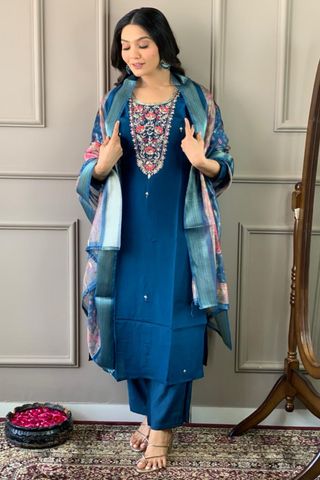 Teal Blue Viscose Chanderi Embroidered Silk Kurta Set_Kumari Sarees