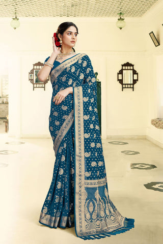 Teal Blue Georgette Silk Saree_Kumari Sarees