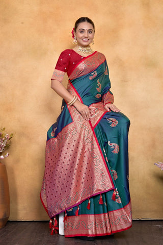 Teal Blue Banarasi Silk Saree Zari With Rich Pallu_Kumari Sarees