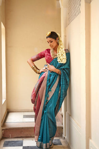 Teal Blue Handloom Tussar Silk Saree_Kumari Sarees