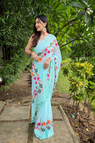 TEAL BLUE GEORGETTE SILK SAREE