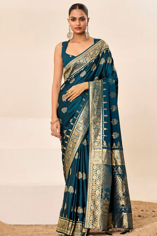 Teal Blue Satin Silk Saree_Kumari Sarees