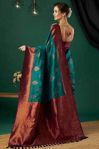 Teal Blue Banarasi Silk Saree_Kumari Sarees