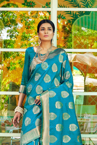 TEAL BLUE KANJEEVARAM HANDLOOM SILK SAREE WITH LEAF DESIGN