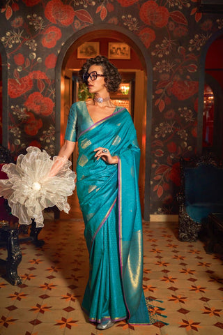 Teal Blue Handloom Weaving Silk Saree_Kumari Sarees