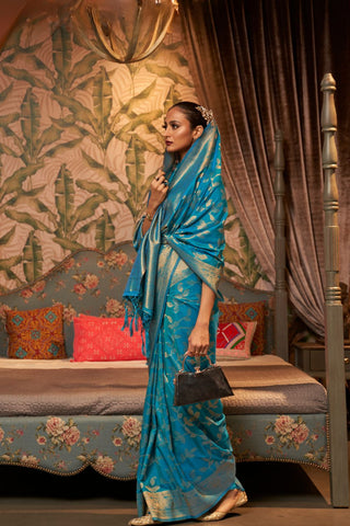 TEAL BLUE NYLON CHINON TWO - TONE WEAVING SAREE