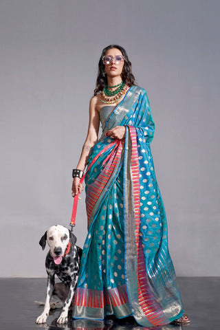 Teal Blue Handwoven Weaving Silk Saree