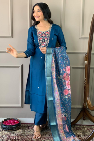 Teal Blue Viscose Chanderi Embroidered Silk Kurta Set_Kumari Sarees
