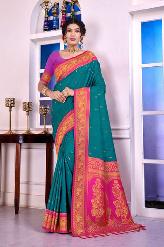 Teal Blue Soft Silk Banarasi Pattu Saree_Kumari Sarees