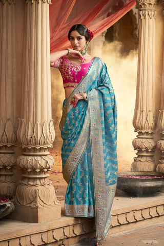 Teal Blue Pure Satin Fancy Saree