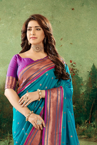 TEAL BLUE SOFT PESHWAI PAITHANI SILK SAREE