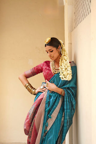 Teal Blue Handloom Tussar Silk Saree_Kumari Sarees