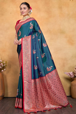 Teal Blue Banarasi Silk Saree Zari With Rich Pallu_Kumari Sarees