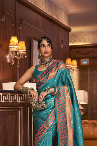 Teal Blue Handloom Weaving Silk Saree_Kumari Sarees