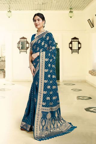 Teal Blue Georgette Silk Saree_Kumari Sarees
