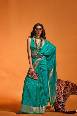 Teal Blue Satin Handloom Woven Saree_Kumari Sarees