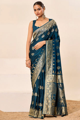 Teal Blue Satin Silk Saree_Kumari Sarees