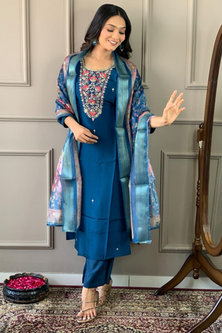 Teal Blue Viscose Chanderi Embroidered Silk Kurta Set_Kumari Sarees
