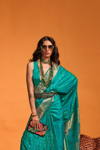 Teal Blue Satin Handloom Woven Saree_Kumari Sarees