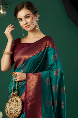 Teal Blue Banarasi Silk Saree_Kumari Sarees