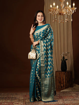 Teal Blue Georgette Silk Saree_Kumari Sarees